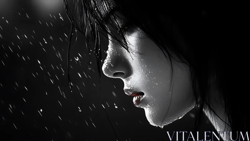 High-contrast profile portrait of wet face under directional rain