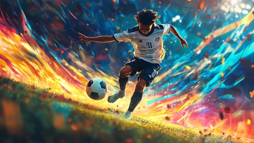 Soccer player striking ball amid dynamic color trails.