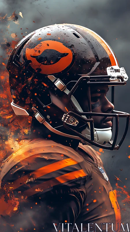 Explosive side-profile of armored football player in stormy blaze.