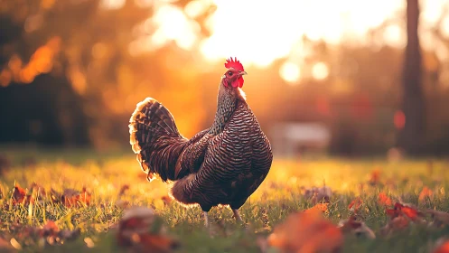 Rooster's Golden Hour Strut Through Autumn Meadow.