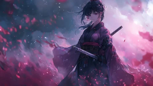 Samurai woman amid crimson petals, stormlit anime dusk.