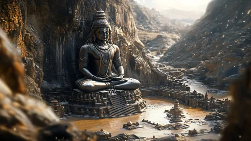 Colossal mountain Shiva statue above fortified river temple.