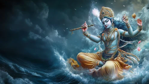 Celestial blue musician dancing with waves and starlight.