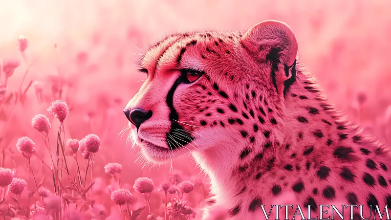 Pink Cheetah: Surreal Digital Portrait in Monochromatic Landscape