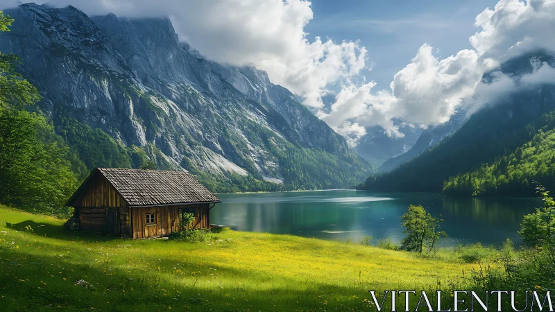 Sunlit lakeside cabin nestles peacefully below towering cliffs