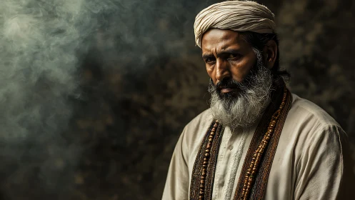 Elderly bearded man in turban under dramatic side lighting