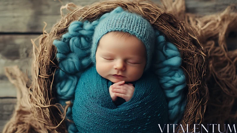 Peacefully Swaddled Newborn Nestled in Rustic Straw Bed.
