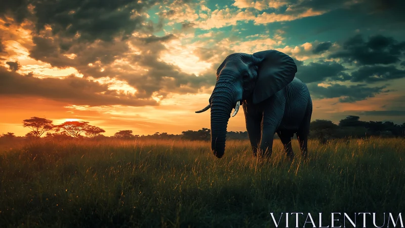 Elephant crossing sunlit savannah under dramatic sunset sky.