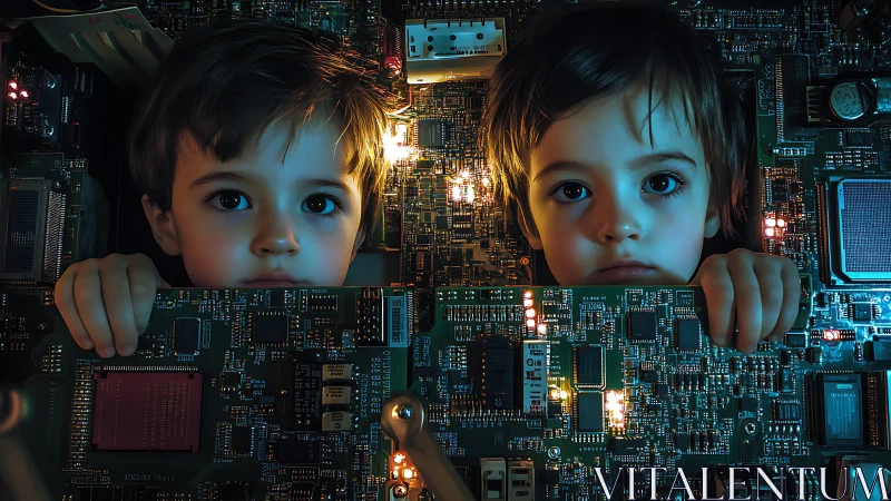 Two children peer through glowing circuit boards with focused expressions.