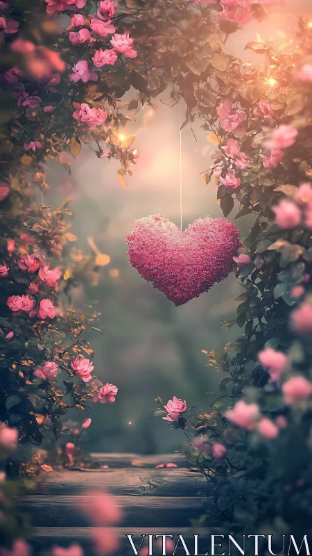 Suspended crystalline heart within pink floral archway composition.