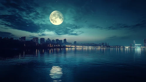Full moon over calm city waterfront at night skyline.