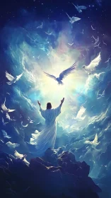 Luminous heavenly figure with doves in radiant sky vision.