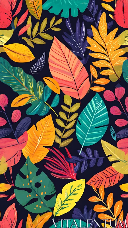 Colorful stylized tropical leaves on dark background.
