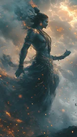 Storm-wreathed celestial warrior walking through embers.