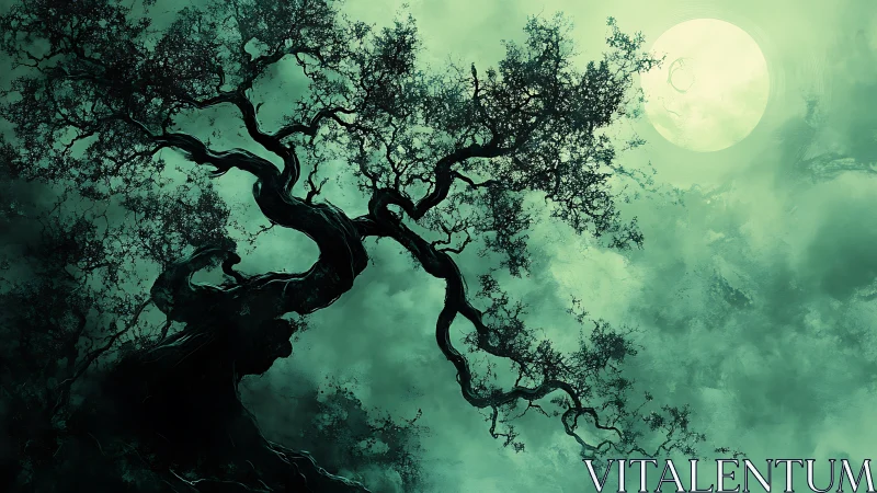 Nocturnal bonsai silhouette against luminous lunar haze.