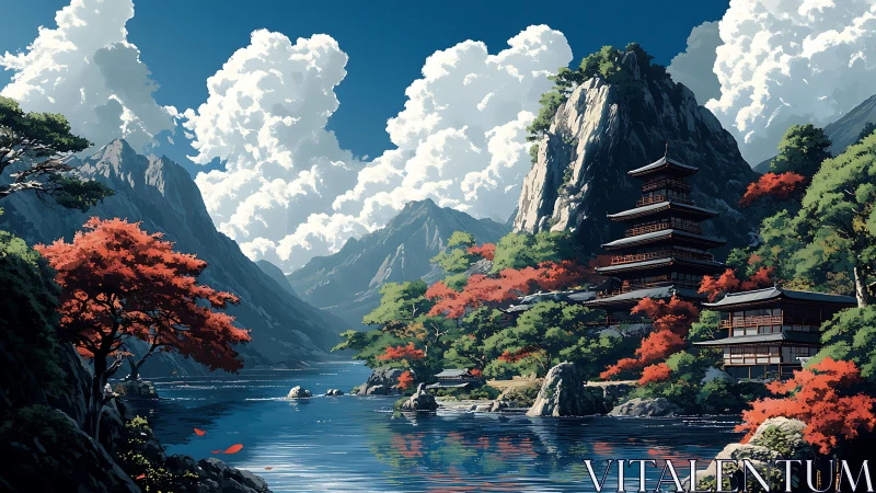 Layered pagoda valley under cumulonimbus-laden alpine sky.