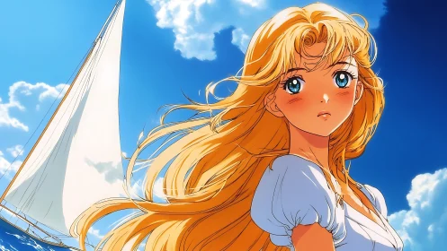 Golden haired sailor girl beneath vivid summer sky.