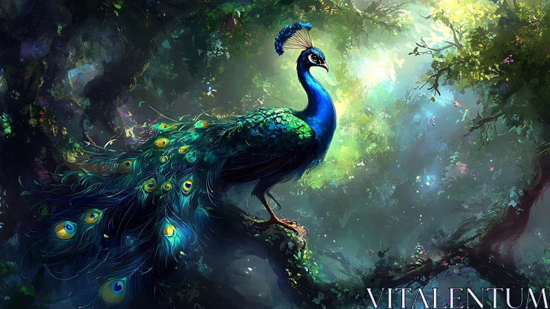 Luminous peacock rendered in high-saturation forest light scattering