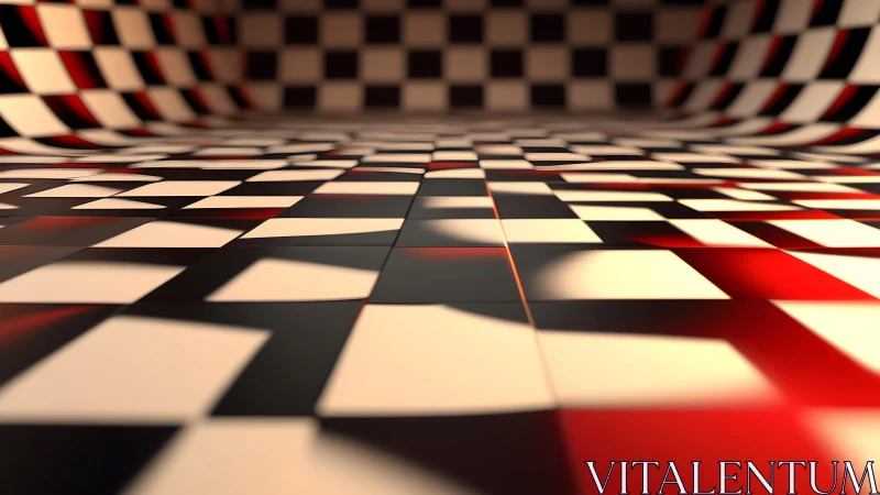 Distorted Checkered Floor in 3D Perspective with Red Lighting.
