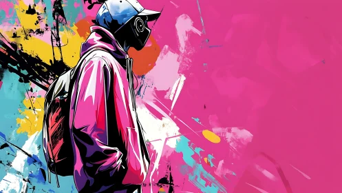 Urban daydreamer in neon hoodie against wild pink storm.