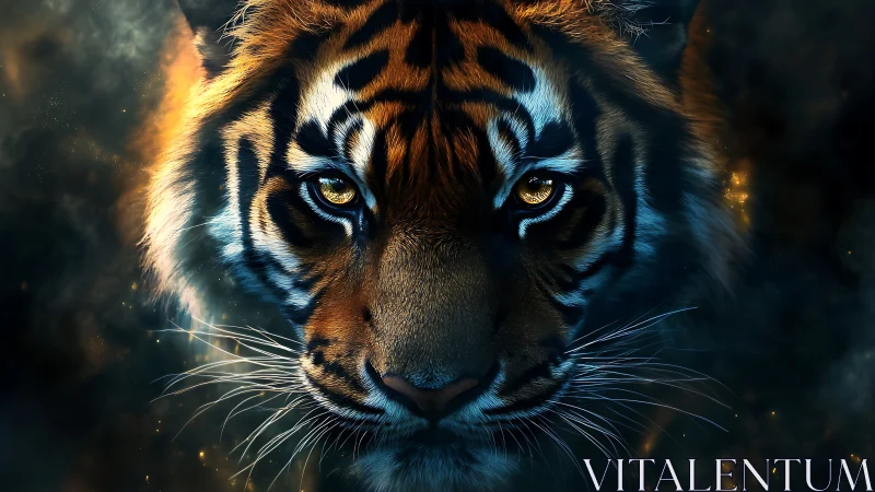 Cosmic-eyed tiger prowls through ember-flecked midnight haze.