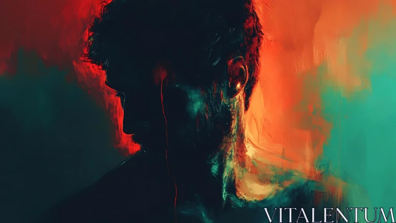 Brooding silhouette bathed in glowing teal and ember light.