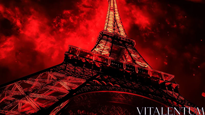 Eiffel Tower under intense red sky at night perspective.