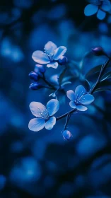 Blue flowers with delicate petals on botanical branch.
