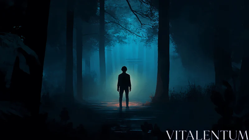 Silhouette stands in dim forest corridor under blue backlight