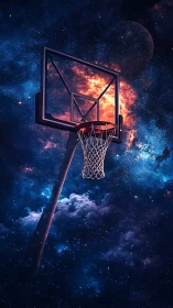 Cosmic basketball hoop suspended in deep nebula sky.