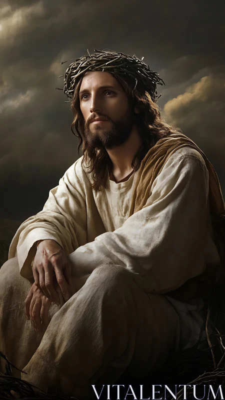 Solitary, contemplative Christ figure rests beneath stormy skies