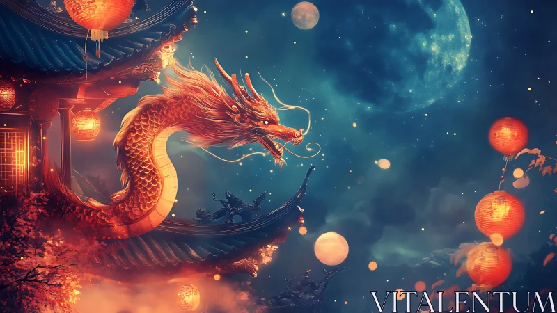 Chinese dragon coils above lantern-lit temple roof at night