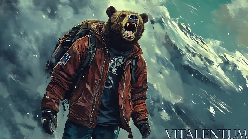 Roaring bear mountaineer strides through stormy peaks.