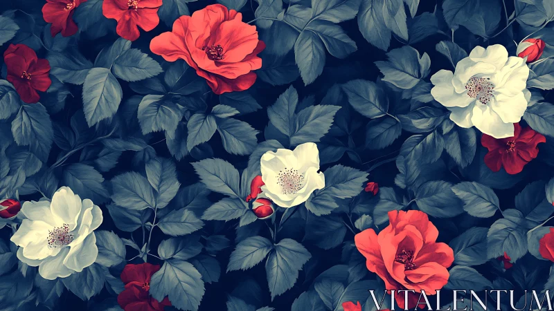 Layered Botanical Composition With Contrasting Coral and Cream Floral Elements.