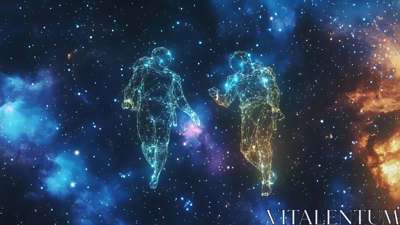 Stellar wireframe astronauts drift through glowing cosmic nebulae