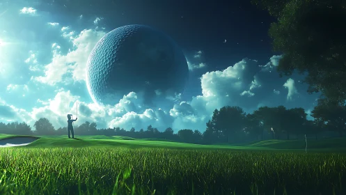 Surreal golf course under colossal dimpled planetary sphere