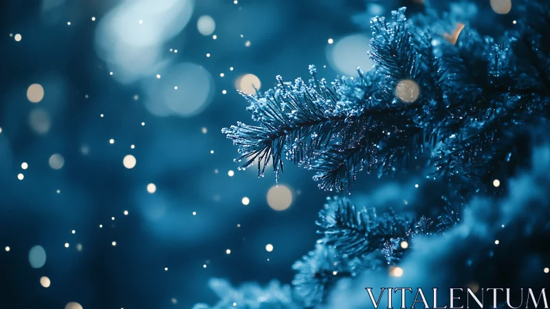 Macro winter fir branch with bokeh snowfall composition.