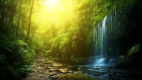 Forest waterfall in steep gorge with golden sunlight.