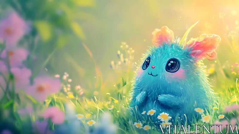Fluffy blue creature glows in dreamy sunlit meadow