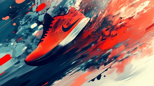 Red athletic shoe with abstract motion streak background.