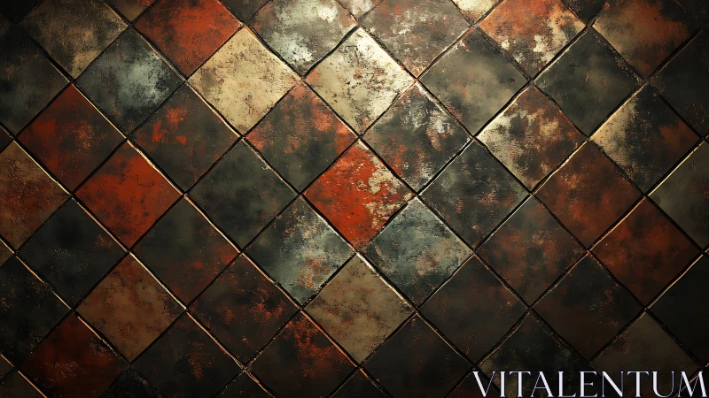 Rustic diamond metal tiles form distressed industrial grid.