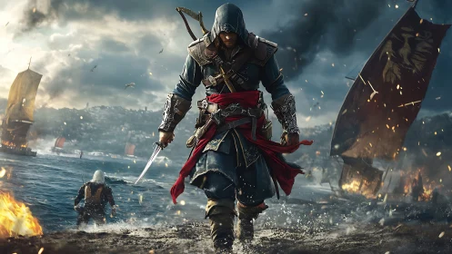 Hooded warrior strides through burning coastal battlefield.