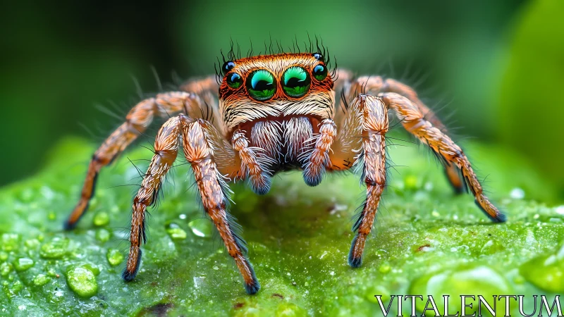 Jumping spider stares ahead with vivid emerald eyes.