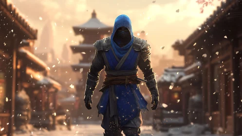 Hooded ice warrior strides through snowlit temple street