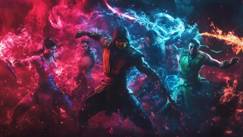 Five armed fighters amid red and blue elemental energy fields.