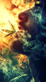Side-lit profile with cannabis leaf and swirling color smoke.