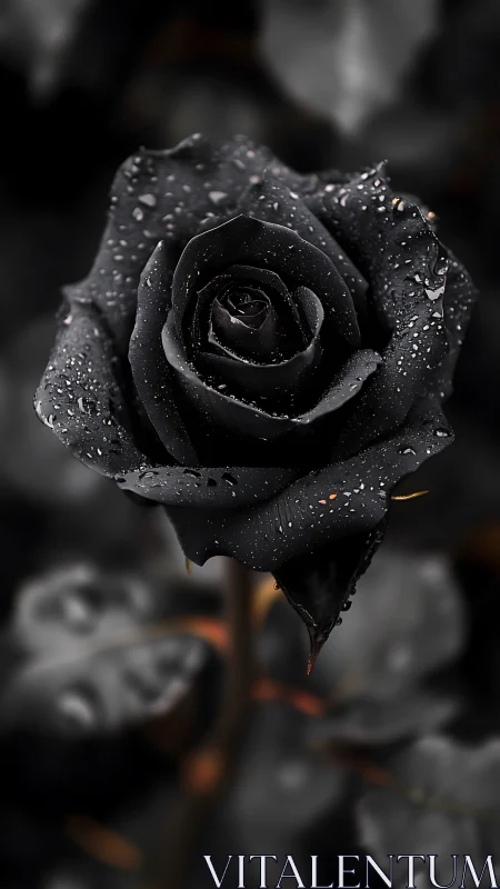 Velvet black rose kissed by soft glistening raindrops.