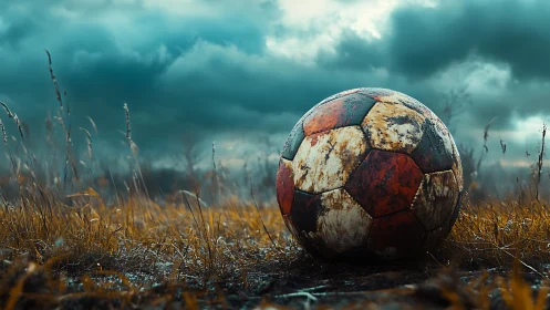 Weathered soccer ball rests on wet grass under dense clouds