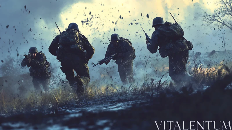 Dynamic low-angle war scene captures infantry charge through mud