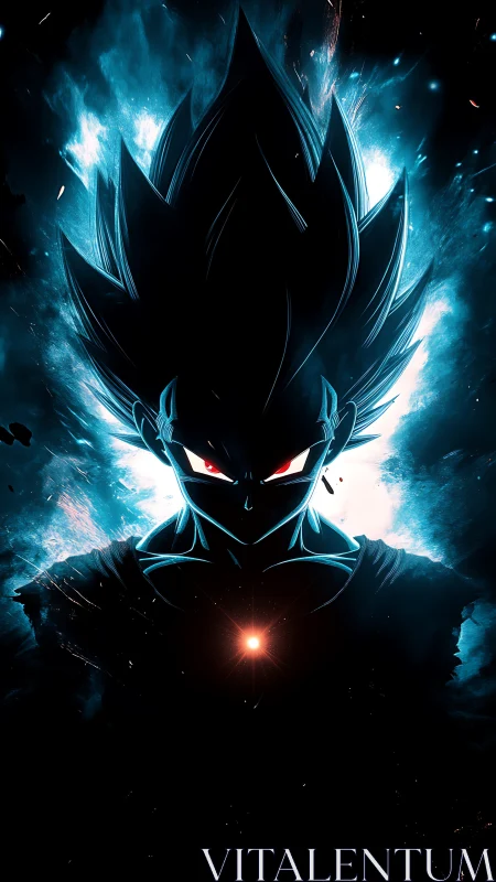 Silhouetted energy figure with spiked hair in blue aura glow.